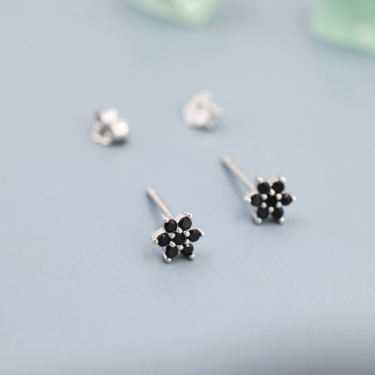 Pair of Very Tiny Black CZ Flower Stud Earrings in Sterling Silver, Silver or Gold, Crystal Flower Earrings, Stacking Earrings