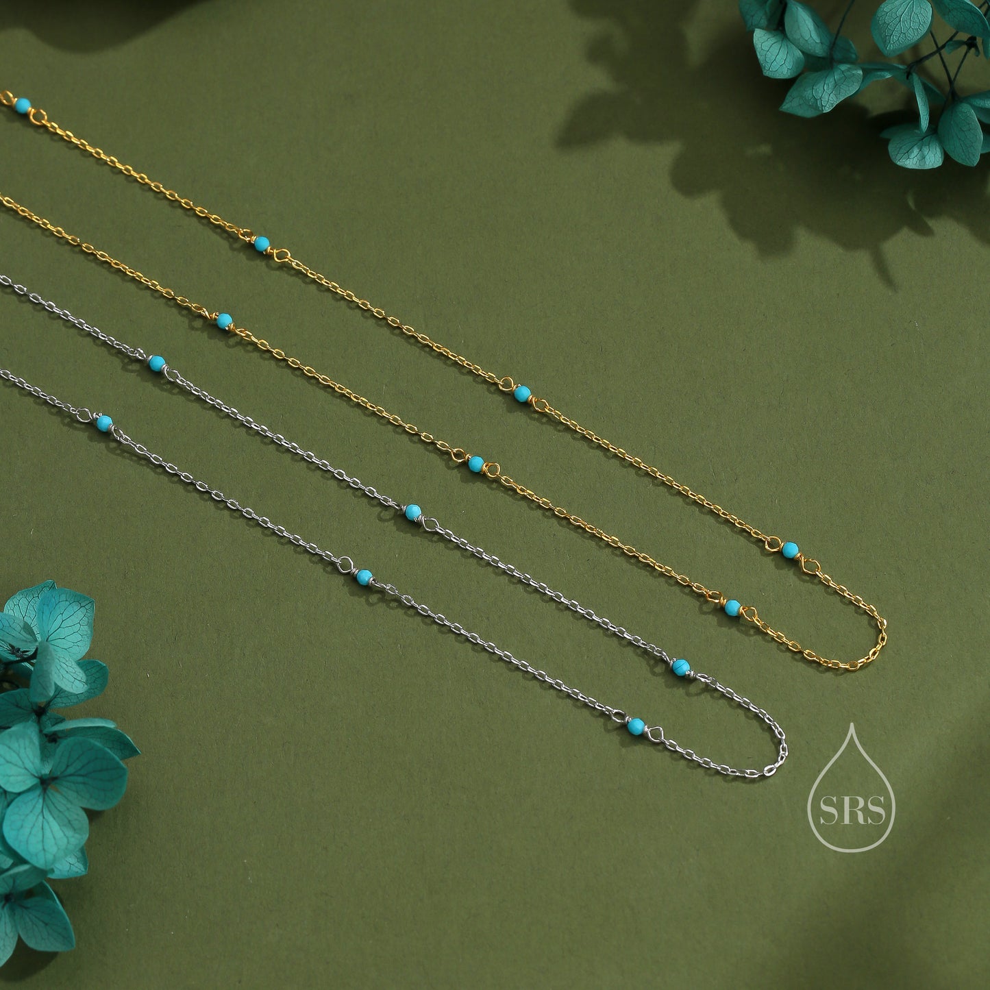 2mm Turquoise Beaded Satellite Chain Necklace in Sterling Silver, Silver or Gold, Choker Necklace, Minimalist Geometric Style