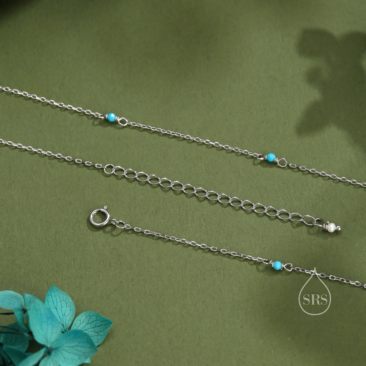 2mm Turquoise Beaded Satellite Chain Necklace in Sterling Silver, Silver or Gold, Choker Necklace, Minimalist Geometric Style