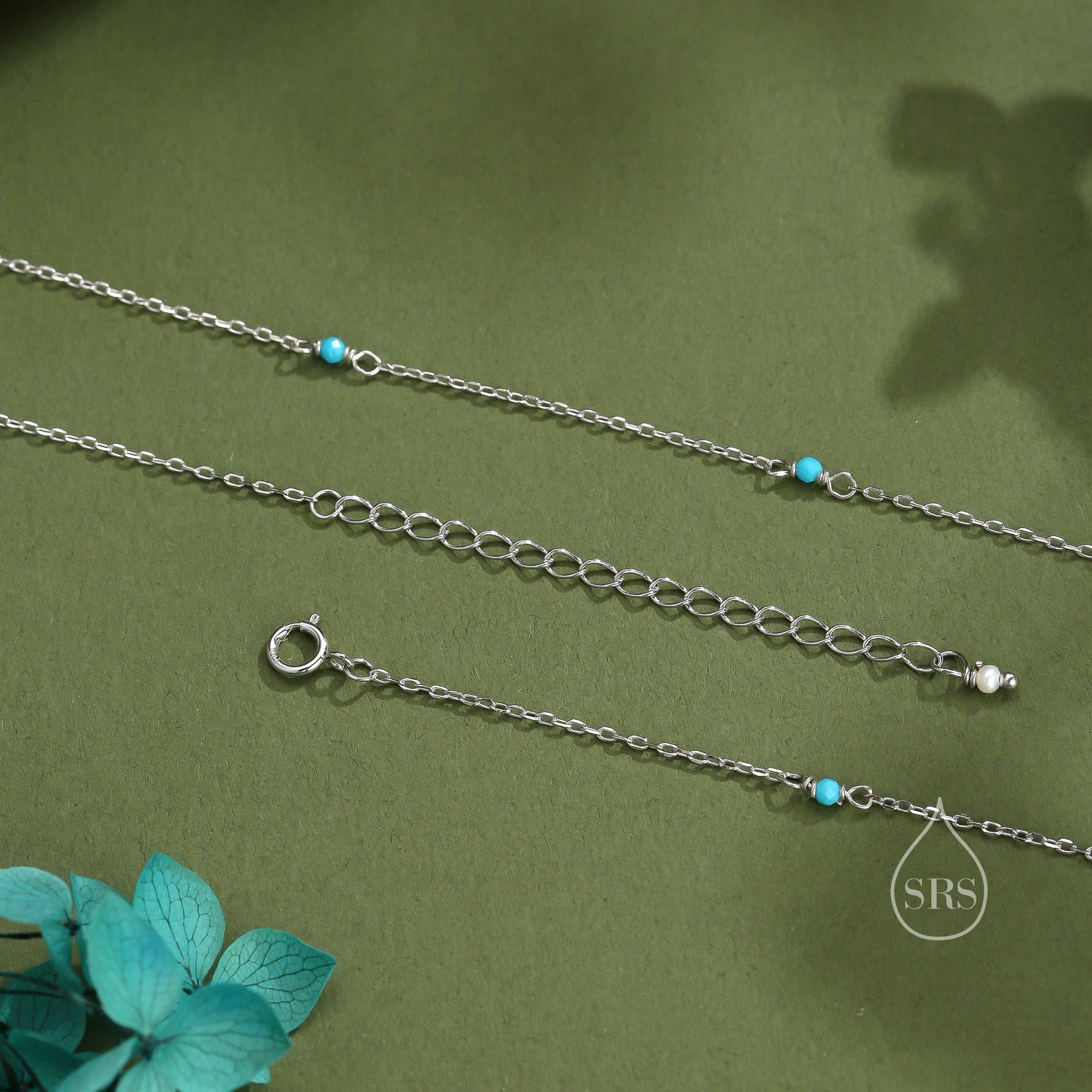 2mm Turquoise Beaded Satellite Chain Necklace in Sterling Silver, Silver or Gold, Choker Necklace, Minimalist Geometric Style