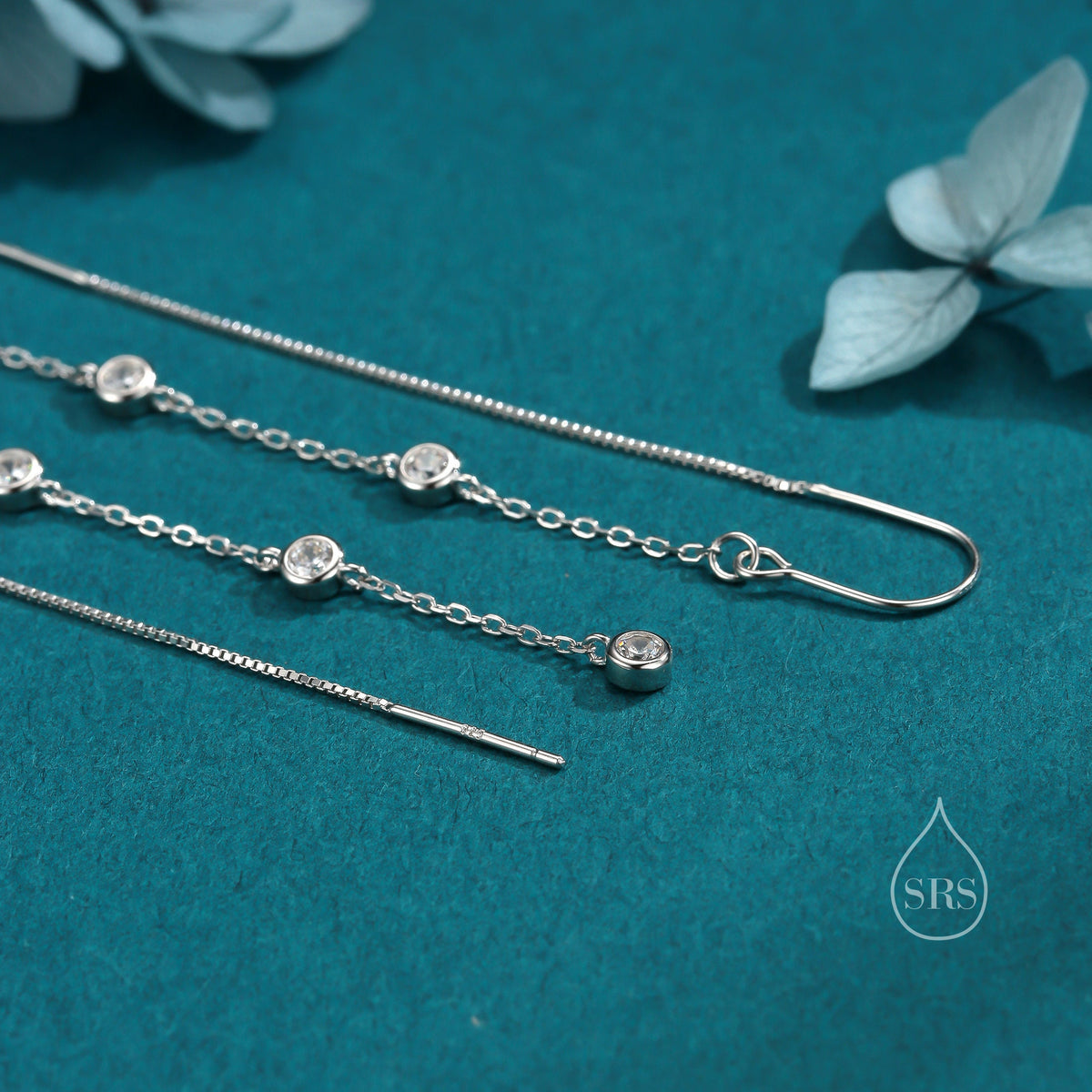 CZ Bezel Cascade Drop U Threader Earrings in Sterling Silver, Silver or Gold, Geometric CZ Long Dangle Drop Earrings