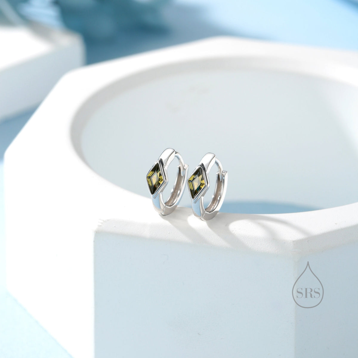 Tiny Rhombus Olive Green CZ Huggie Hoop in Sterling Silver, Silver or Gold, Minimalist Simple Kite Shape CZ Hoop Earrings