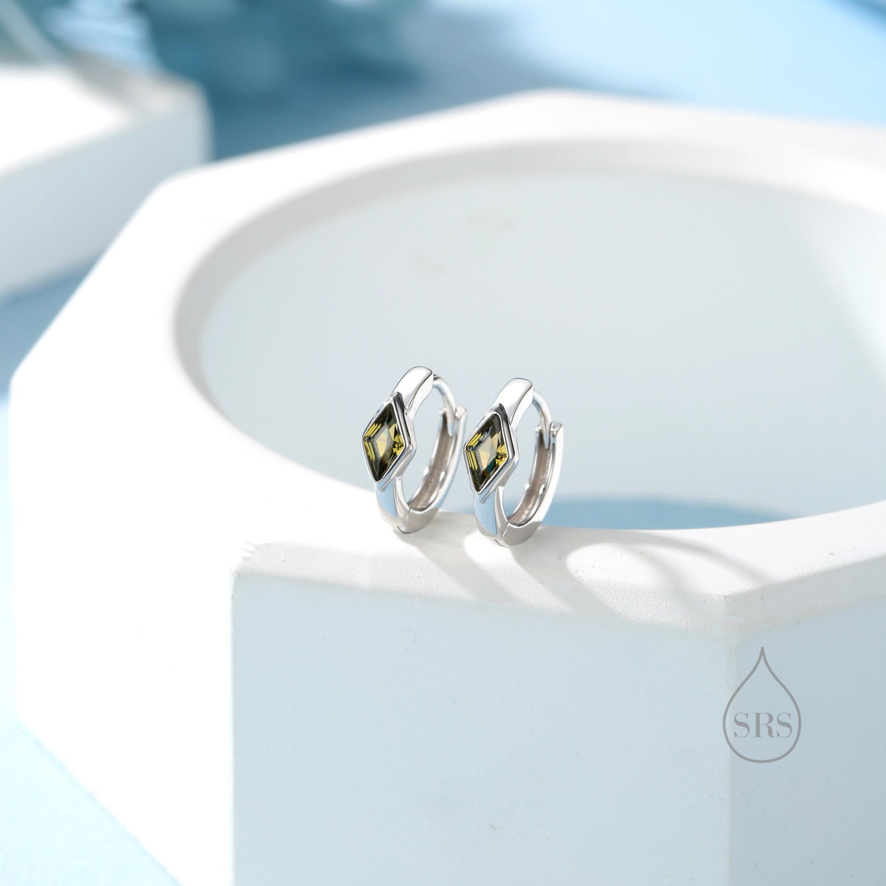 Tiny Rhombus Olive Green CZ Huggie Hoop in Sterling Silver, Silver or Gold, Minimalist Simple Kite Shape CZ Hoop Earrings