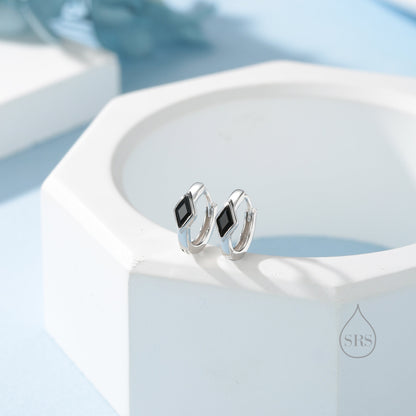 Tiny Rhombus Onyx Black CZ Huggie Hoop in Sterling Silver, Silver or Gold, Minimalist Simple Kite Shape CZ Hoop Earrings