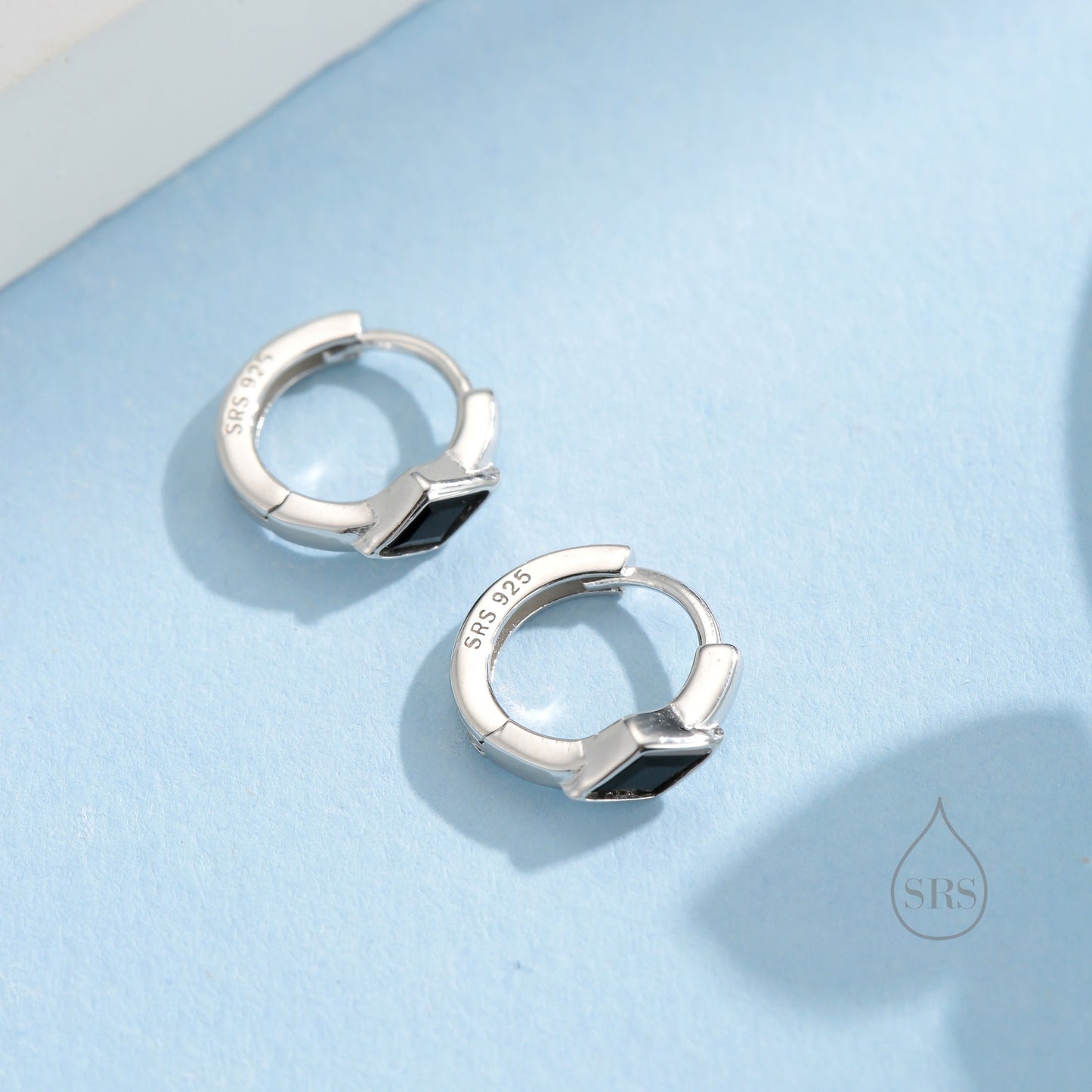 Tiny Rhombus Onyx Black CZ Huggie Hoop in Sterling Silver, Silver or Gold, Minimalist Simple Kite Shape CZ Hoop Earrings