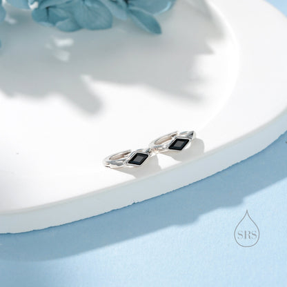 Tiny Rhombus Onyx Black CZ Huggie Hoop in Sterling Silver, Silver or Gold, Minimalist Simple Kite Shape CZ Hoop Earrings