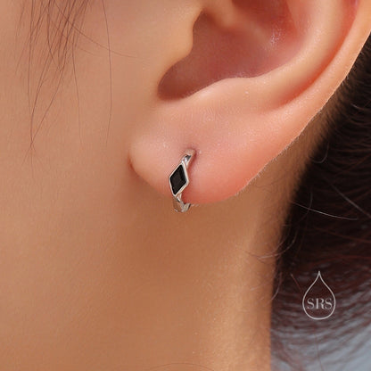 Tiny Rhombus Onyx Black CZ Huggie Hoop in Sterling Silver, Silver or Gold, Minimalist Simple Kite Shape CZ Hoop Earrings