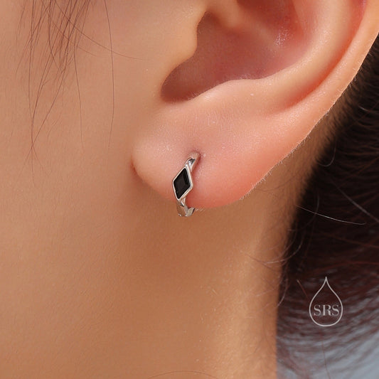 Tiny Rhombus Onyx Black CZ Huggie Hoop in Sterling Silver, Silver or Gold, Minimalist Simple Kite Shape CZ Hoop Earrings