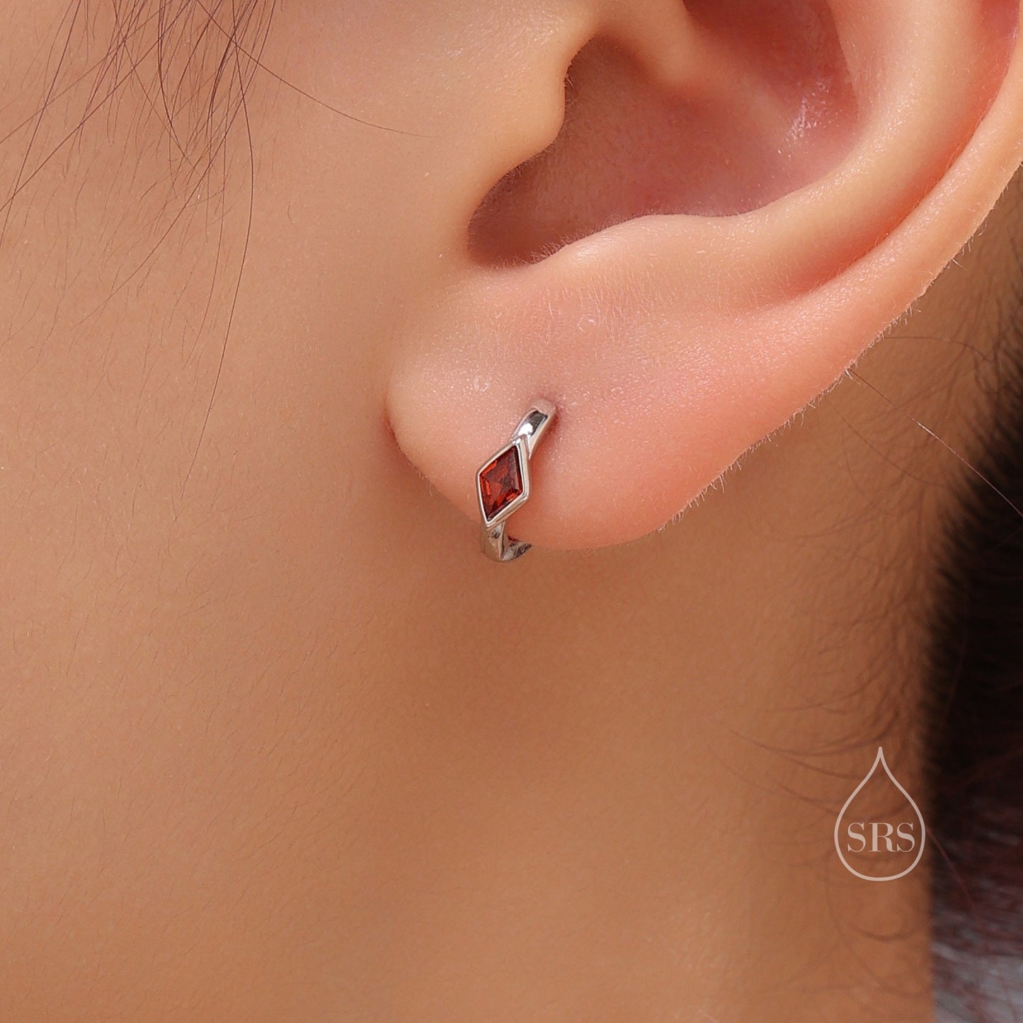 Tiny Rhombus Garnet Red CZ Huggie Hoop in Sterling Silver, Silver or Gold, Minimalist Simple Kite Shape CZ Hoop Earrings