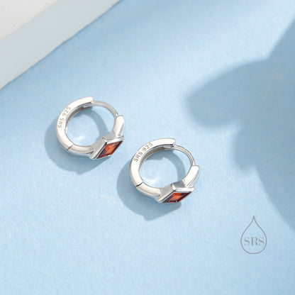 Tiny Rhombus Garnet Red CZ Huggie Hoop in Sterling Silver, Silver or Gold, Minimalist Simple Kite Shape CZ Hoop Earrings