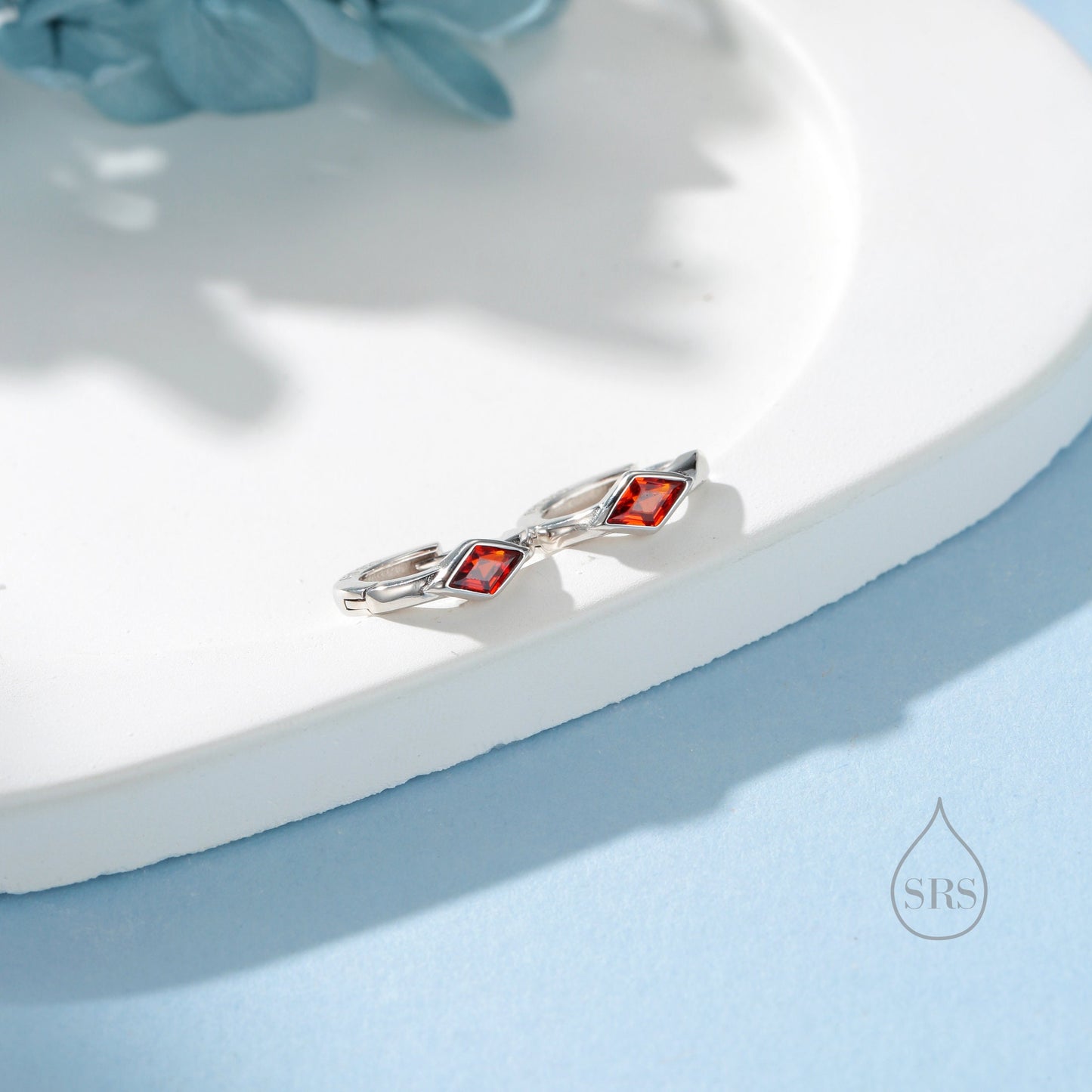 Tiny Rhombus Garnet Red CZ Huggie Hoop in Sterling Silver, Silver or Gold, Minimalist Simple Kite Shape CZ Hoop Earrings