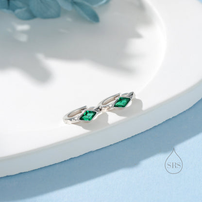 Tiny Rhombus Emerald Green CZ Huggie Hoop in Sterling Silver, Silver or Gold, Minimalist Simple Kite Shape CZ Hoop Earrings