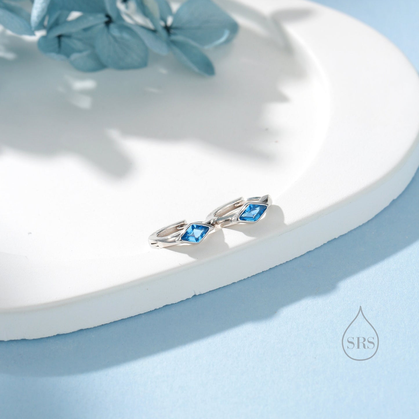 Tiny Rhombus Aquamarine Blue CZ Huggie Hoop in Sterling Silver, Silver or Gold, Minimalist Simple Kite Shape CZ Hoop Earrings