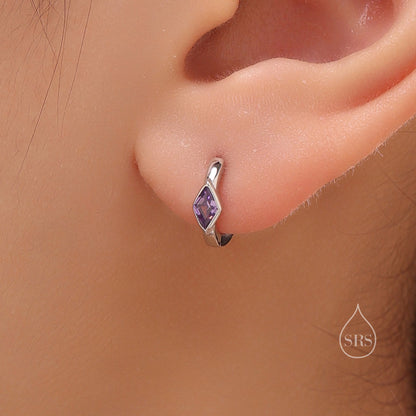 Tiny Rhombus Amethyst Purple CZ Huggie Hoop in Sterling Silver, Silver or Gold, Minimalist Simple Kite Shape CZ Hoop Earrings