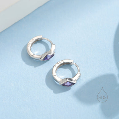 Tiny Rhombus Amethyst Purple CZ Huggie Hoop in Sterling Silver, Silver or Gold, Minimalist Simple Kite Shape CZ Hoop Earrings