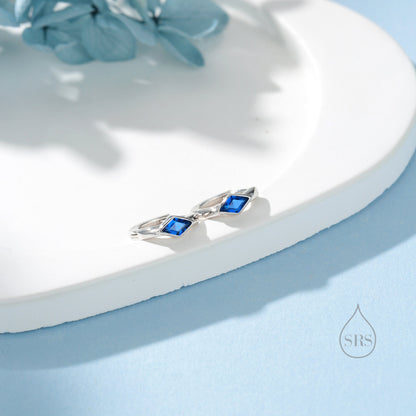 Tiny Rhombus Sapphire Blue CZ Huggie Hoop in Sterling Silver, Silver or Gold, Minimalist Simple Kite Shape CZ Hoop Earrings