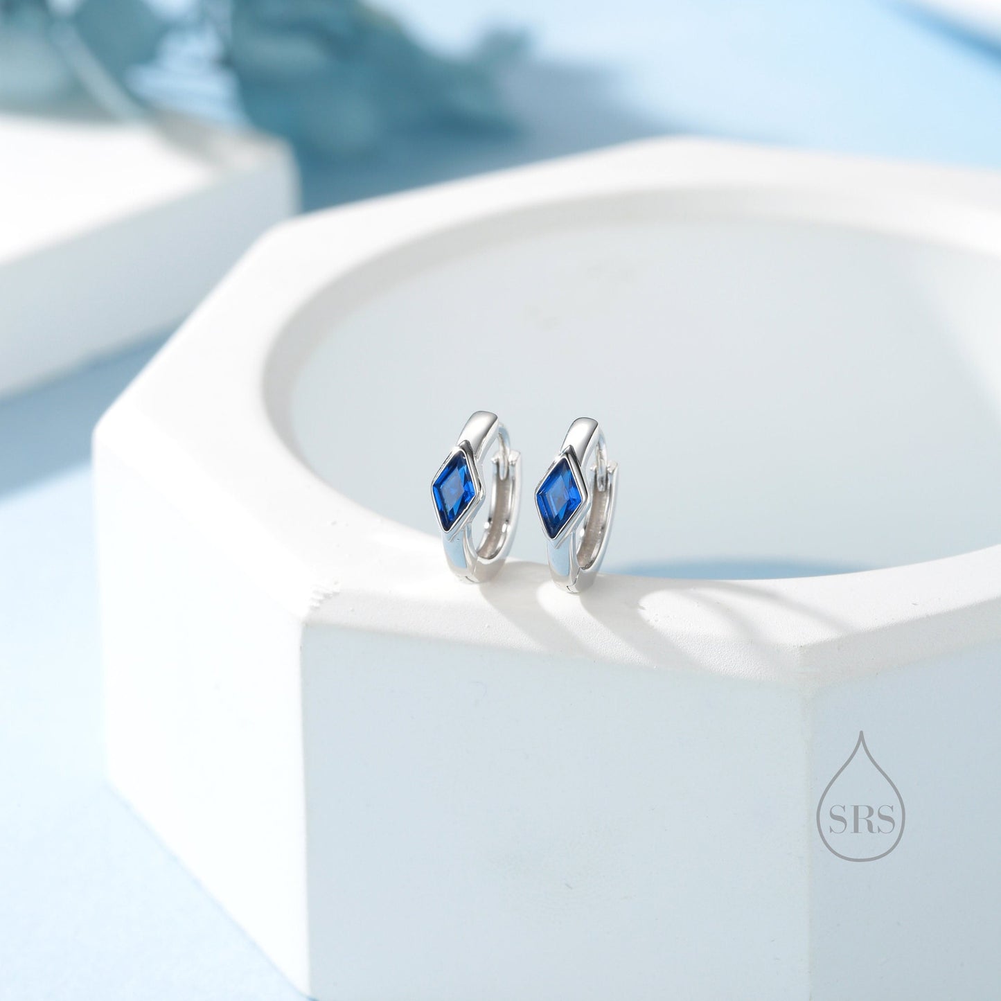 Tiny Rhombus Sapphire Blue CZ Huggie Hoop in Sterling Silver, Silver or Gold, Minimalist Simple Kite Shape CZ Hoop Earrings