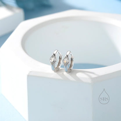 Tiny Rhombus Clear CZ Huggie Hoop in Sterling Silver, Silver or Gold, Minimalist Simple Kite Shape CZ Hoop Earrings