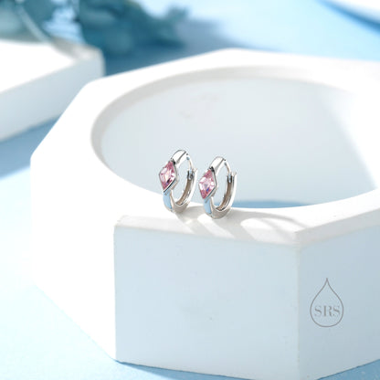 Tiny Rhombus Tourmaline Pink CZ Huggie Hoop in Sterling Silver, Silver or Gold, Minimalist Simple Kite Shape CZ Hoop Earrings