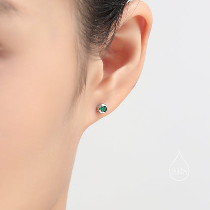 Extra Tiny Sterling Silver Emerald Green 2mm CZ Stud Earrings,  2mm May Birthstone Bezel CZ Earrings, Silver or Gold, Stacking Earrings