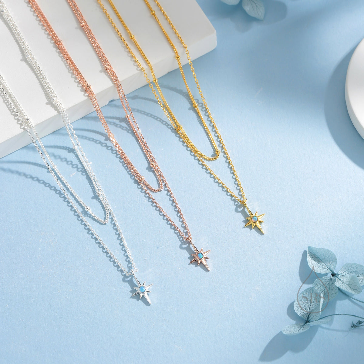 Double Layer Opal Starburst Pendant Necklace in Sterling Silver - Starburst Necklace with Satellite Chain - Gold or Silver or Rose Gold