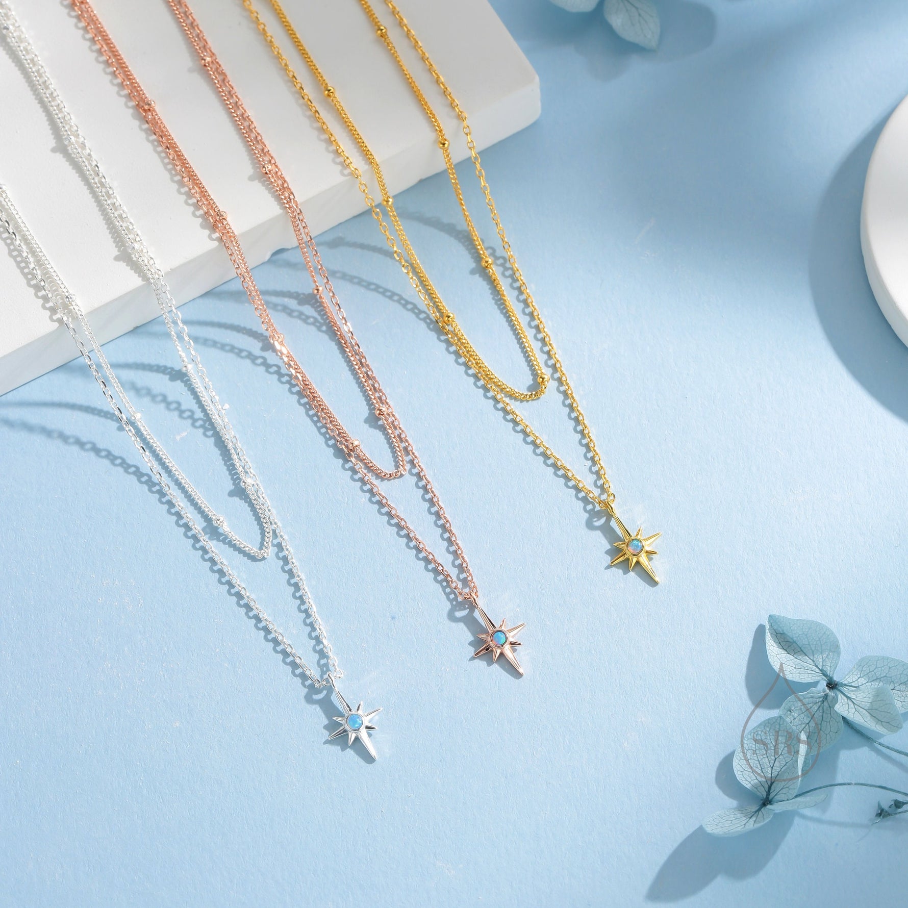 Double Layer Opal Starburst Pendant Necklace in Sterling Silver - Starburst Necklace with Satellite Chain - Gold or Silver or Rose Gold