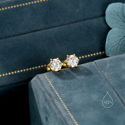 Brilliant Cut 3mm CZ Internally Threaded Flat Back/Screw Back/Stud Earrings in Sterling Silver, Silver, Gold or Rose Gold, Six Prong