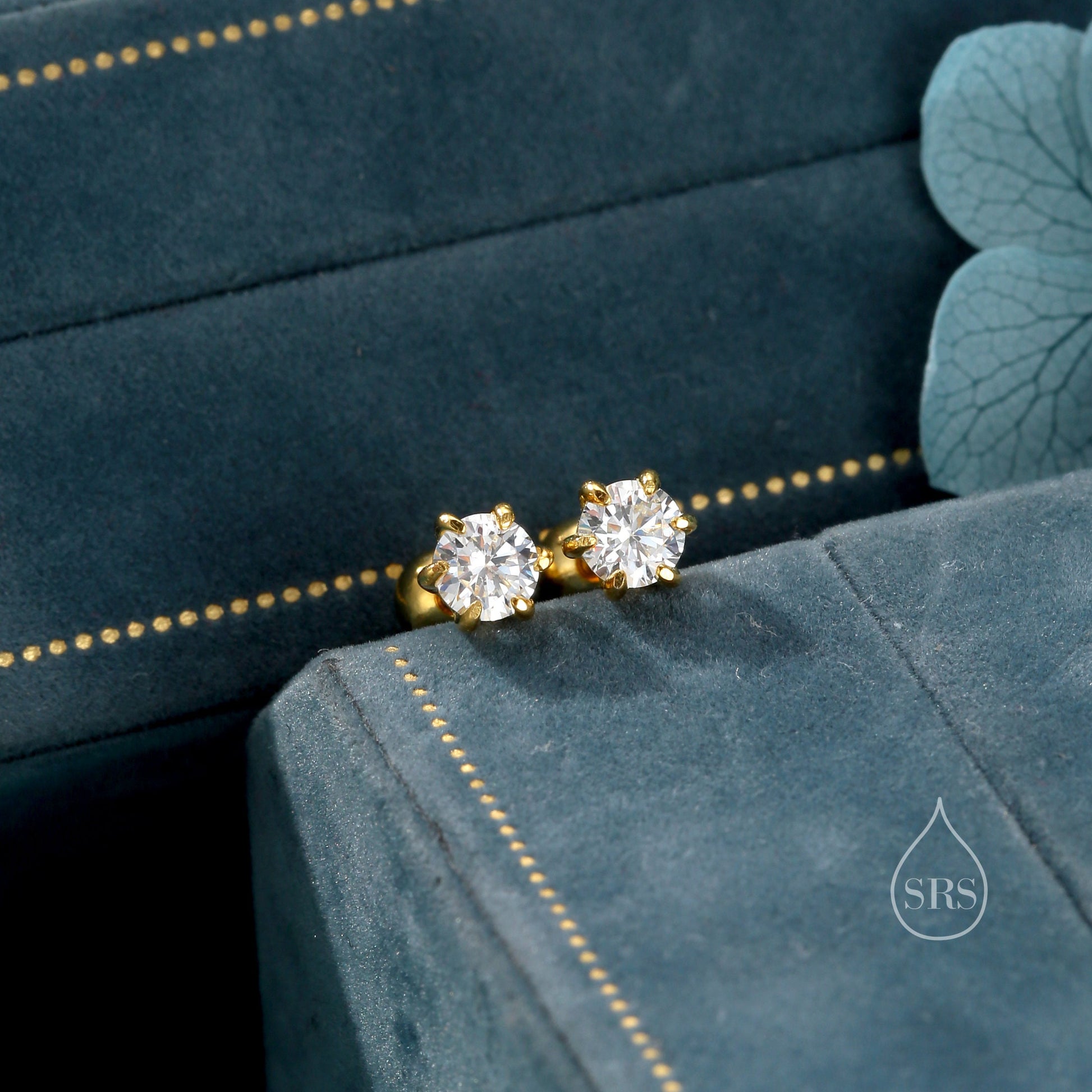 Brilliant Cut 4mm CZ Internally Threaded Flat Back/Screw Back/Stud Earrings in Sterling Silver, Silver, Gold or Rose Gold, Six Prong