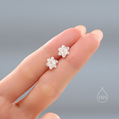 Daffodil Stud Earrings in Sterling Silver, Tiny Flower Earrings, Three Finishes, Daffodil Earrings, March Birth Flower, Gold or Rose Gold