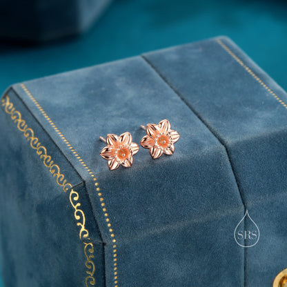 Daffodil Stud Earrings in Sterling Silver, Tiny Flower Earrings, Three Finishes, Daffodil Earrings,  March Birth Flower, Gold or Rose Gold