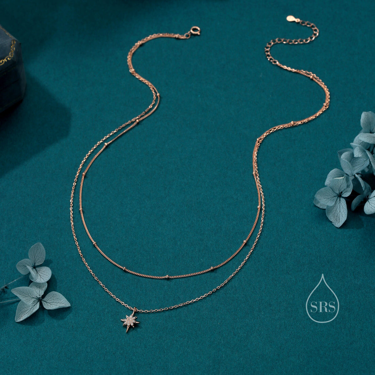 CZ Starburst Double Layer Necklace with Satellite Chain