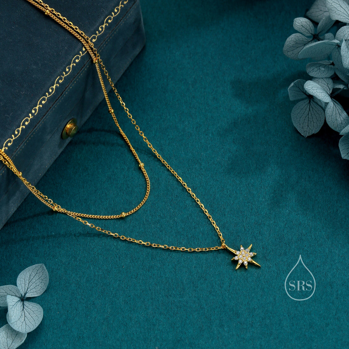 CZ Starburst Double Layer Necklace with Satellite Chain