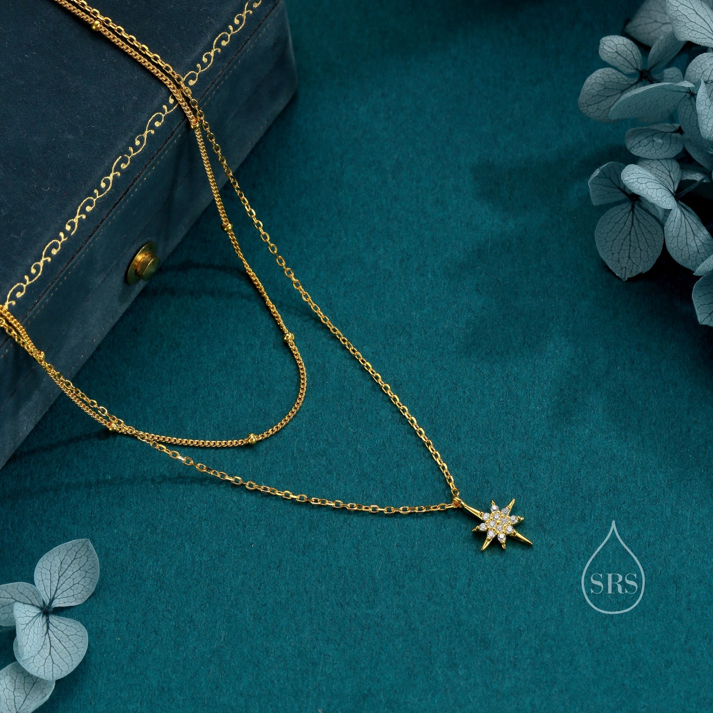 Double Layer CZ Starburst Pendant Necklace in Sterling Silver -  Starburst Necklace with Satellite Chain - Gold or Silver or Rose Gold