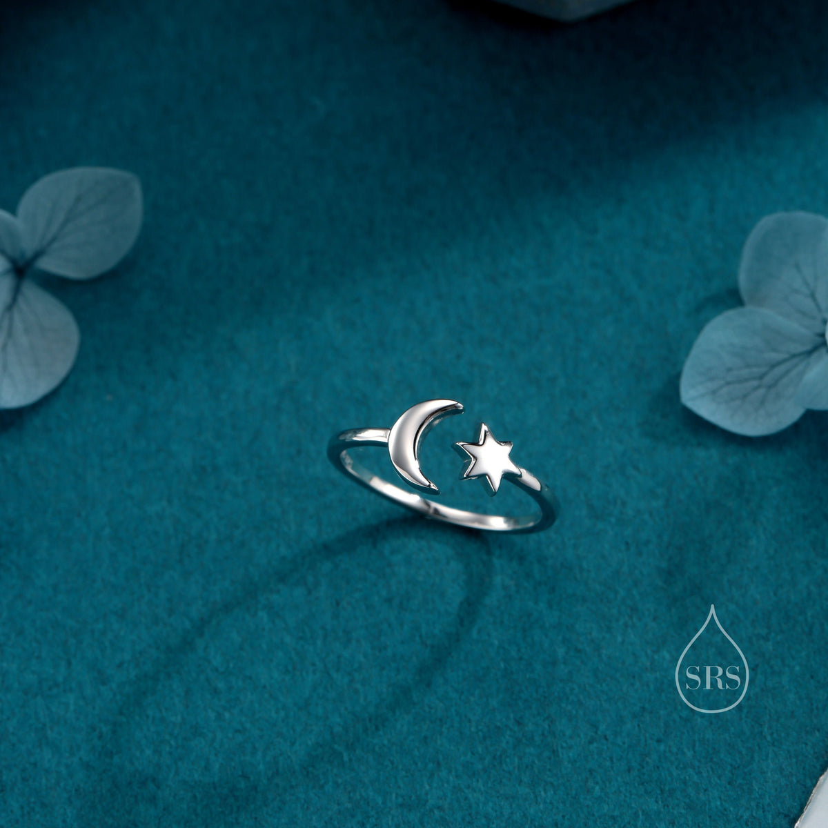 Sterling Silver Moon and Star Open Ring, Adjustable Size, Starburst and Moon Ring, Celestial Jewellery, Dainty Star of David Ring