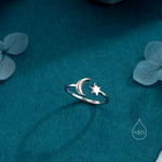 Sterling Silver Moon and Star Open Ring, Adjustable Size, Starburst and Moon Ring, Celestial Jewellery, Dainty Star of David Ring