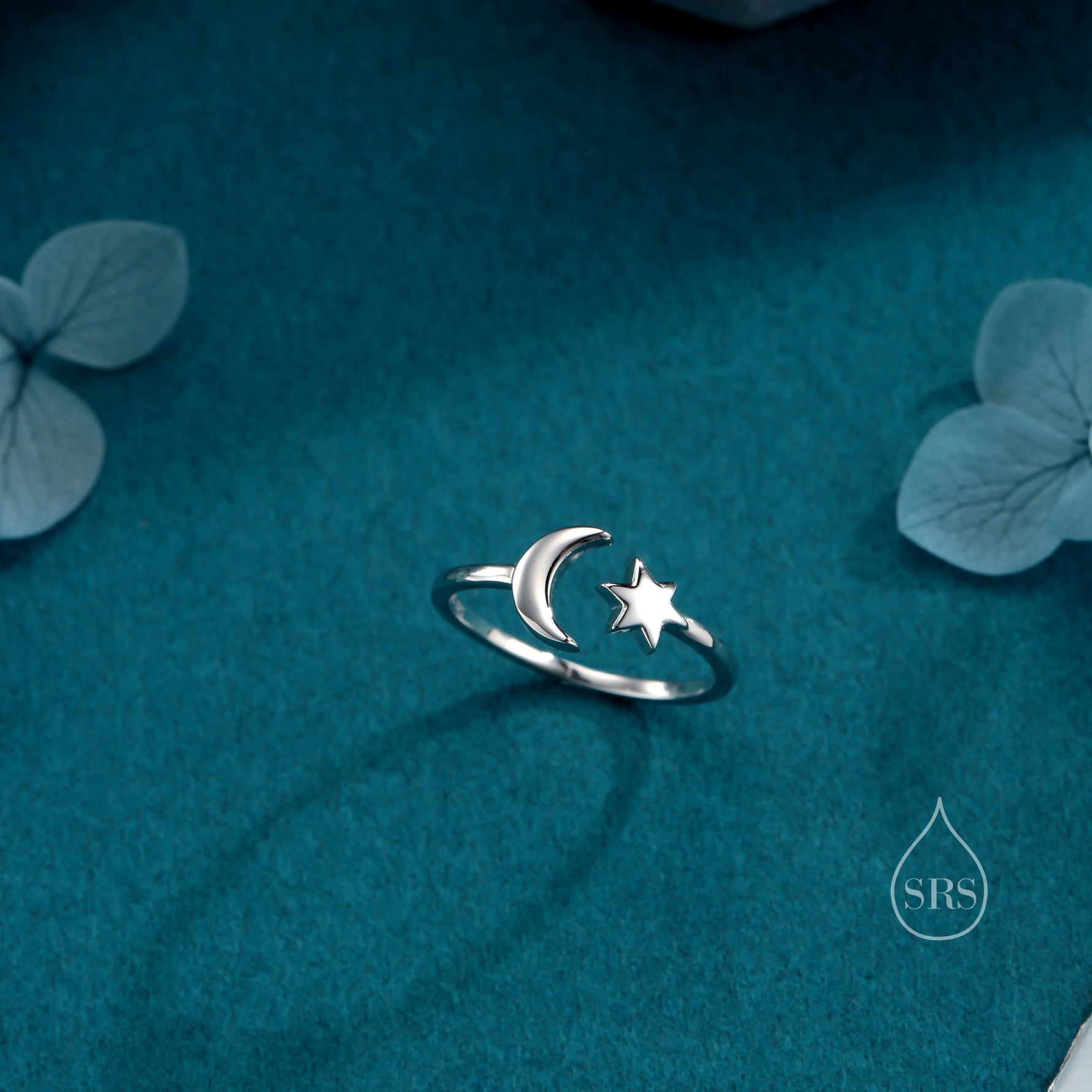Sterling Silver Moon and Star Open Ring, Adjustable Size, Starburst and Moon Ring, Celestial Jewellery, Dainty Star of David Ring