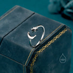 Sterling Silver Moon and Star Open Ring, Adjustable Size, Starburst and Moon Ring, Celestial Jewellery, Dainty Star of David Ring