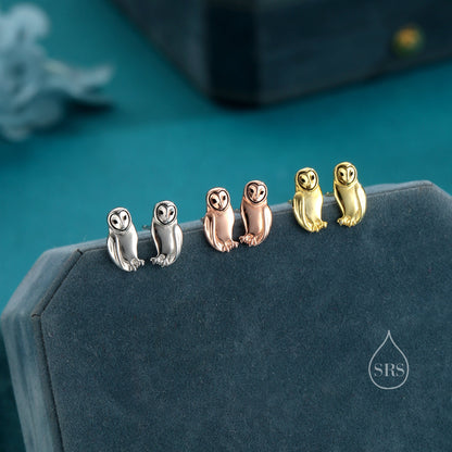 Barn Owl Stud Earrings in Sterling Silver, Gold and Rose Gold. Owl Bird Earrings,  Nature Inspired Animal Earrings