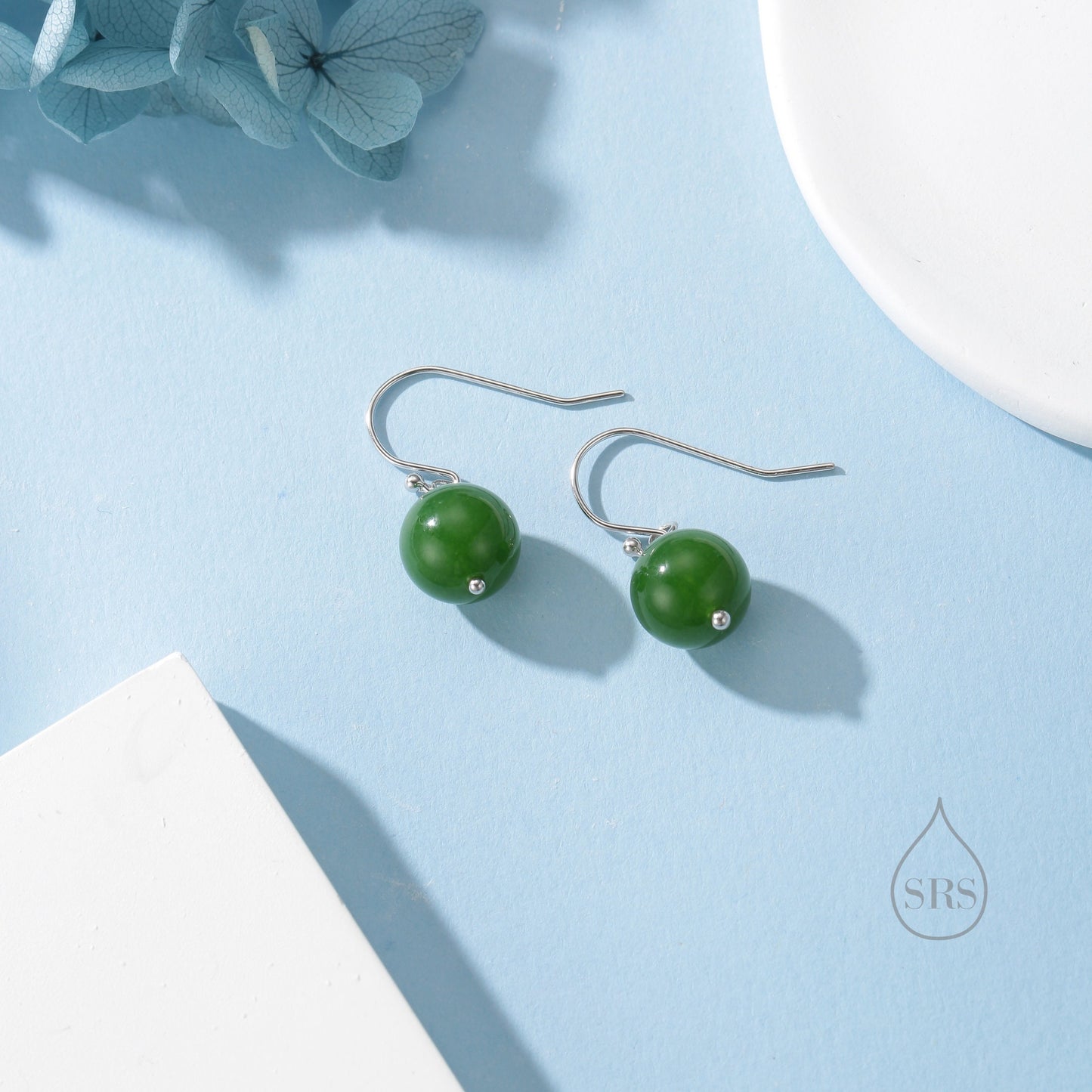 Natural Jasper Jade Hook Earrings in Sterling Silver, Silver or Gold, Available in Three Sizes, Genuine Jade Drop Earrings