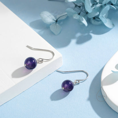 Natural Amethyst Bead Hook Earrings in Sterling Silver, 8mm Amethyst Earrings, Silver or Gold, Genuine Amethyst Drop Earrings