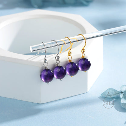 Natural Amethyst Bead Hook Earrings in Sterling Silver, 8mm Amethyst Earrings, Silver or Gold, Genuine Amethyst Drop Earrings