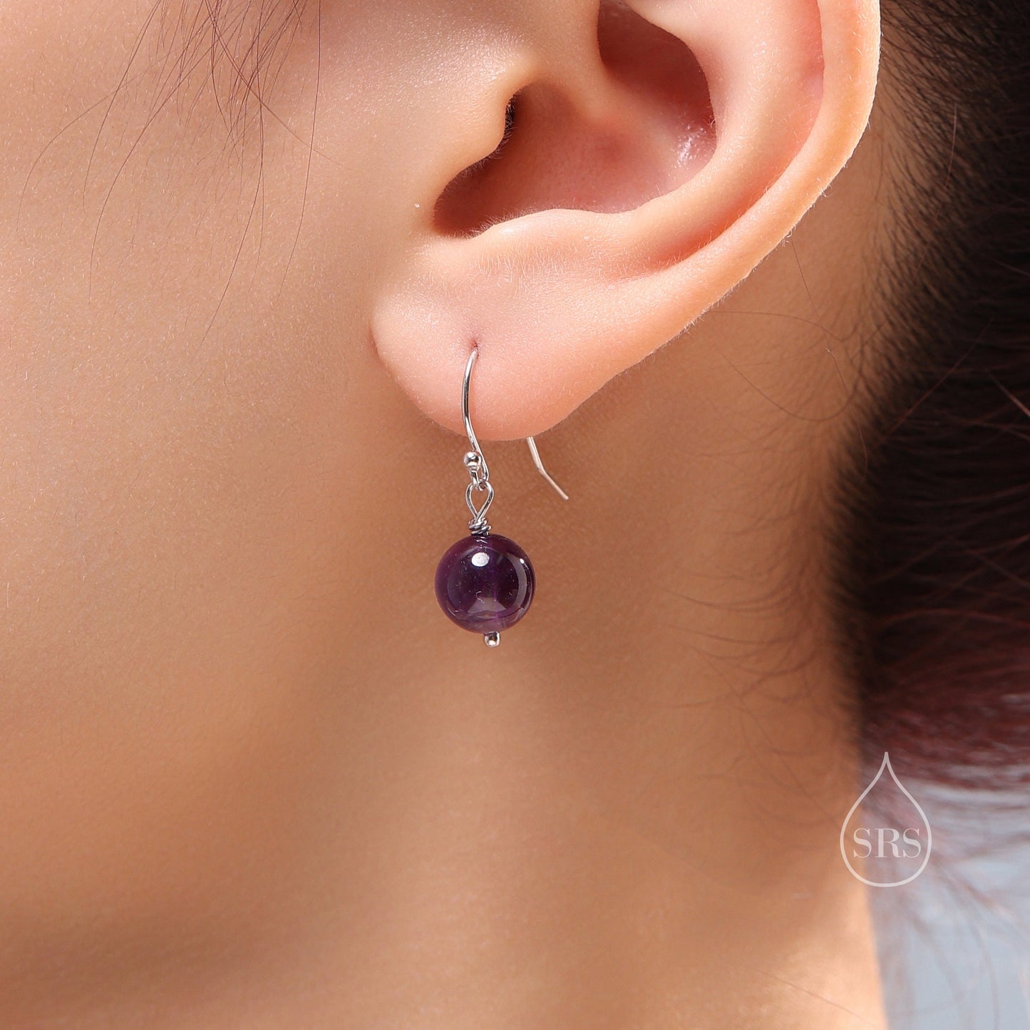 Natural Amethyst Bead Hook Earrings in Sterling Silver, 8mm Amethyst Earrings, Silver or Gold, Genuine Amethyst Drop Earrings