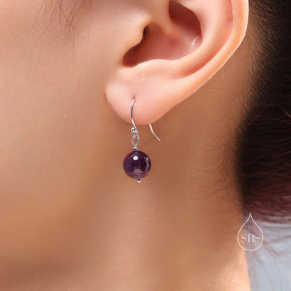 Natural Amethyst Bead Hook Earrings in Sterling Silver, 8mm Amethyst Earrings, Silver or Gold, Genuine Amethyst Drop Earrings