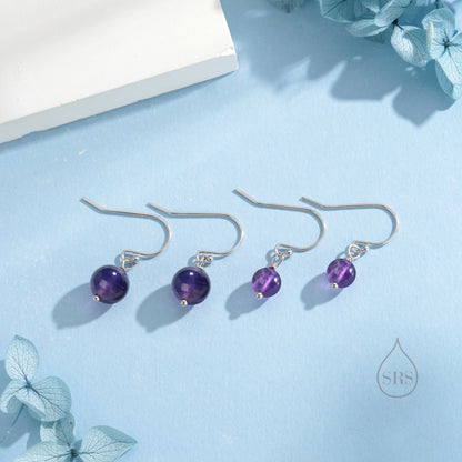 Natural Amethyst Bead Hook Earrings in Sterling Silver, 8mm Amethyst Earrings, Silver or Gold, Genuine Amethyst Drop Earrings