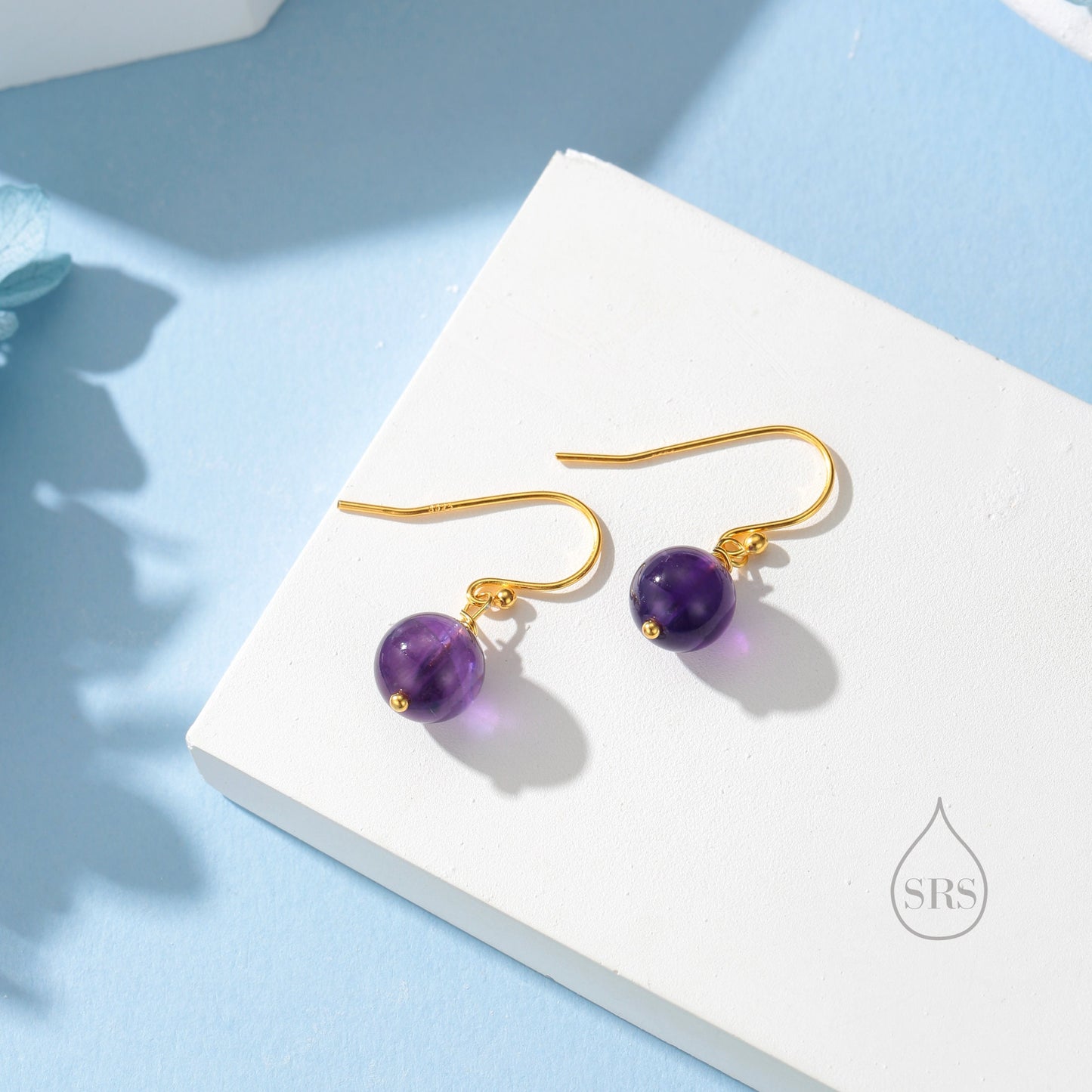 Natural Amethyst Bead Hook Earrings in Sterling Silver, 8mm Amethyst Earrings, Silver or Gold, Genuine Amethyst Drop Earrings