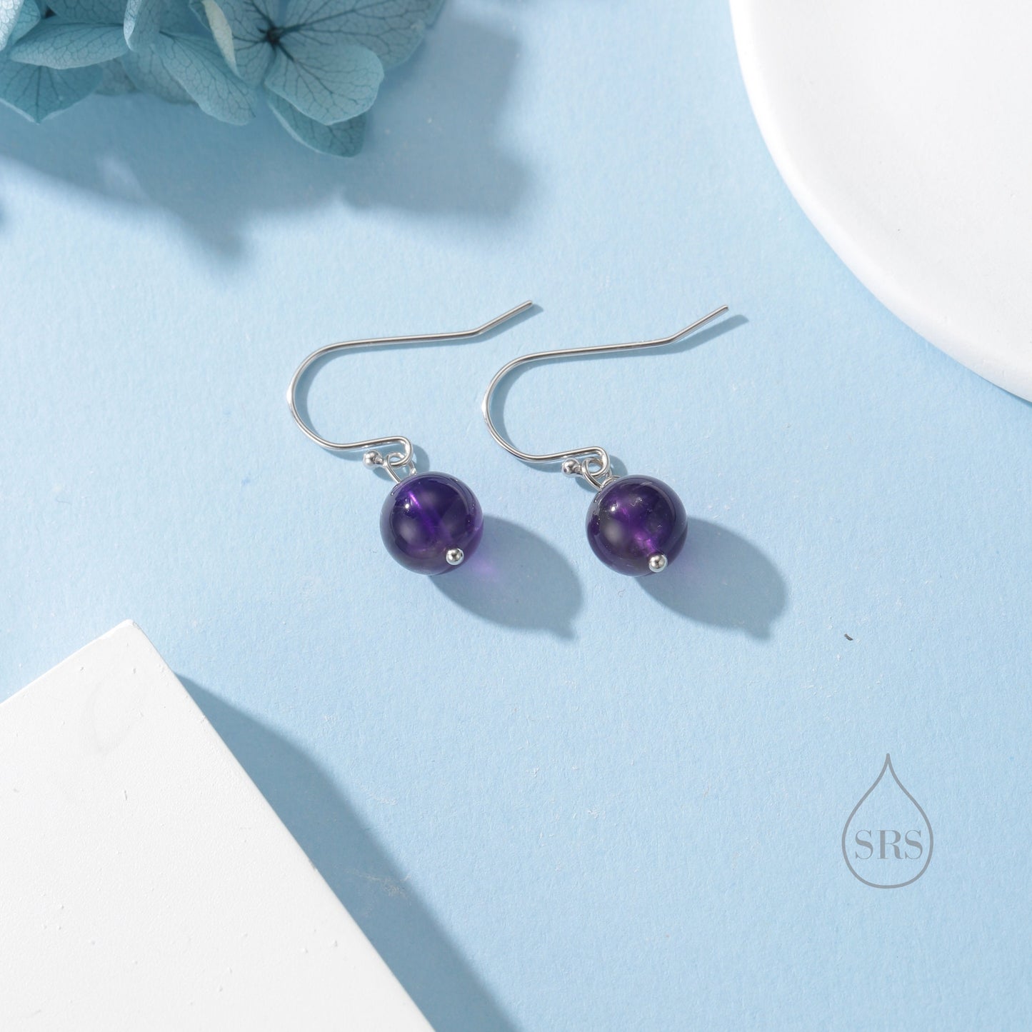 Natural Amethyst Bead Hook Earrings in Sterling Silver, 8mm Amethyst Earrings, Silver or Gold, Genuine Amethyst Drop Earrings