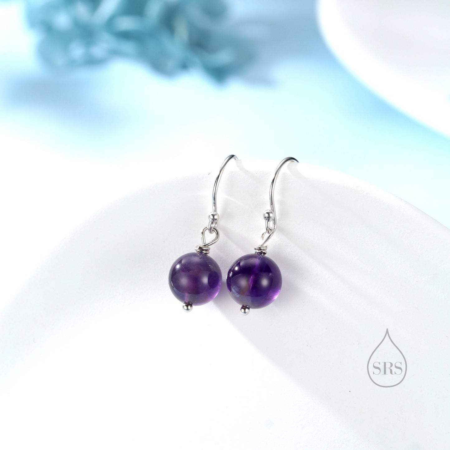 Natural Amethyst Bead Hook Earrings in Sterling Silver, 8mm Amethyst Earrings, Silver or Gold, Genuine Amethyst Drop Earrings