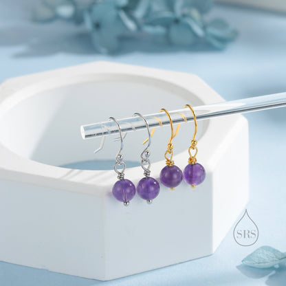 Natural Amethyst Bead Hook Earrings in Sterling Silver, 6mm Amethyst Earrings, Silver or Gold, Genuine Amethyst Drop Earrings