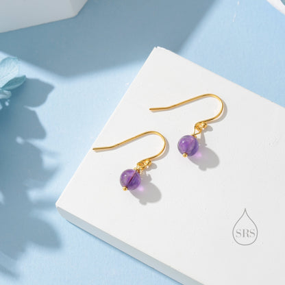 Natural Amethyst Bead Hook Earrings in Sterling Silver, 6mm Amethyst Earrings, Silver or Gold, Genuine Amethyst Drop Earrings