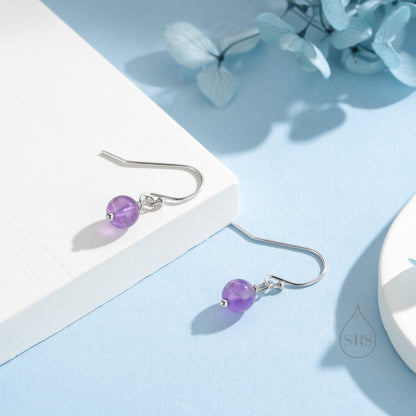 Natural Amethyst Bead Hook Earrings in Sterling Silver, 6mm Amethyst Earrings, Silver or Gold, Genuine Amethyst Drop Earrings